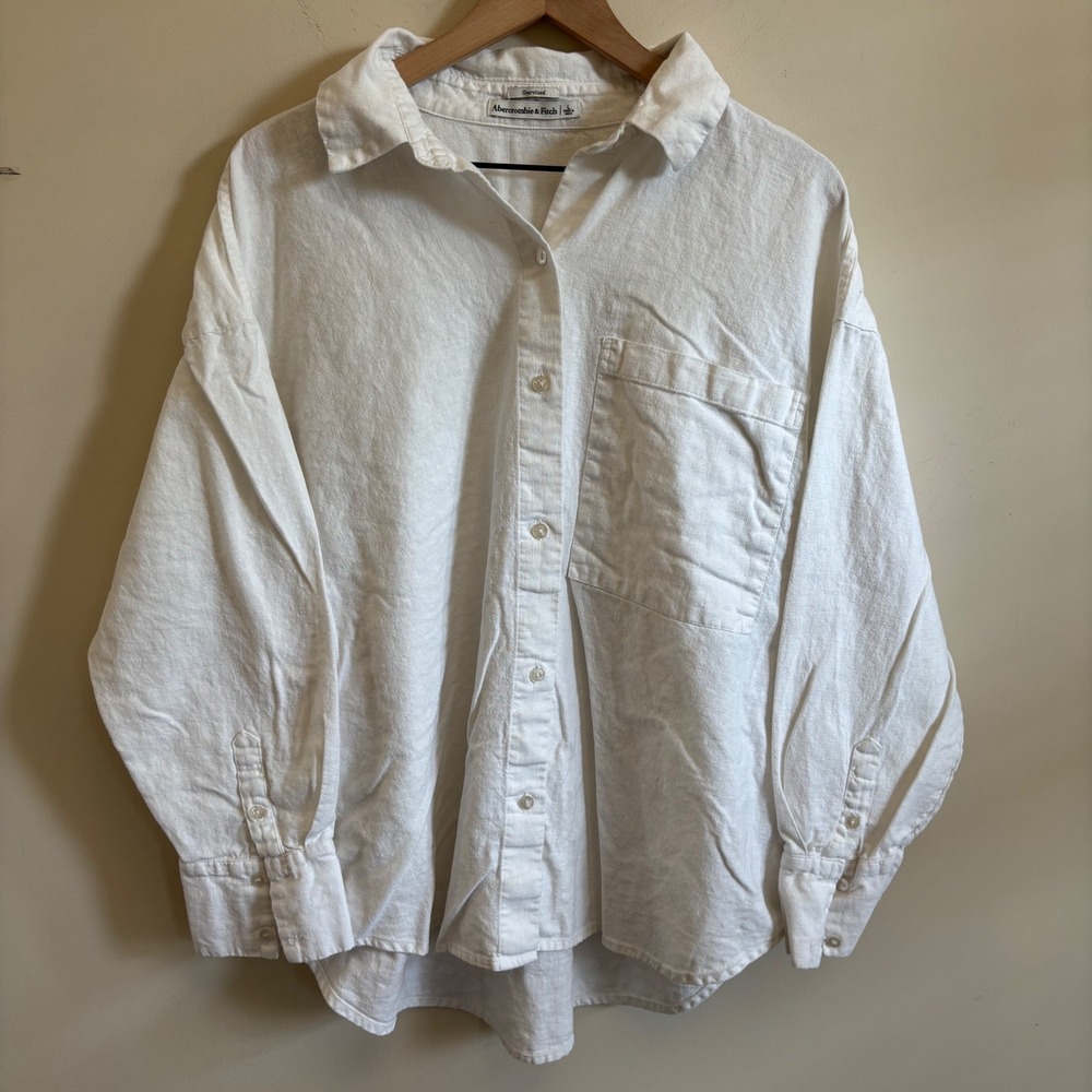 Abercrombie & Fitch White Linen Blend Oversized Button Up Shirt Large